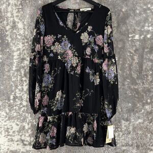 NEW Rewind Size M Dark Floral Boho Keyhole Mini Summer Dress Black Long Sleeve